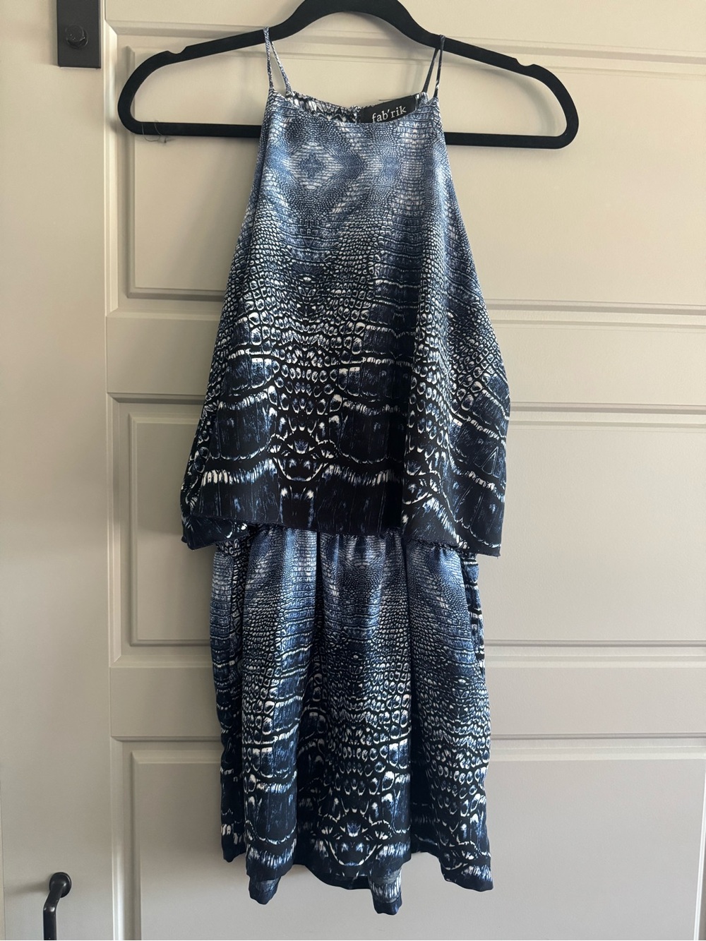 fab'rik Blue and White Snake-Print Halter Romper